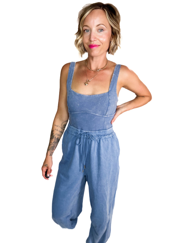 Farrah Mineral Wash Drawstring  Jumpsuit- DENIM
