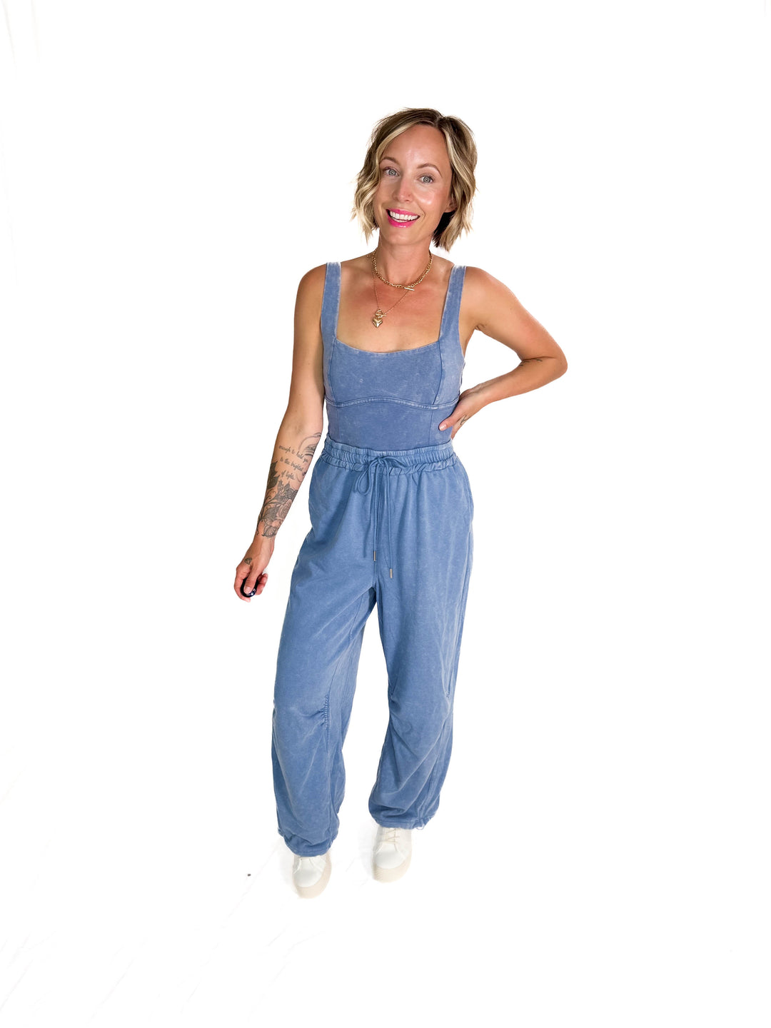 Farrah Mineral Wash Drawstring  Jumpsuit- DENIM