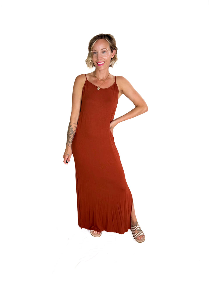 Sandy Bamboo Spaghetti Tank Maxi Dress- HAZELNUT-FINAL SALE