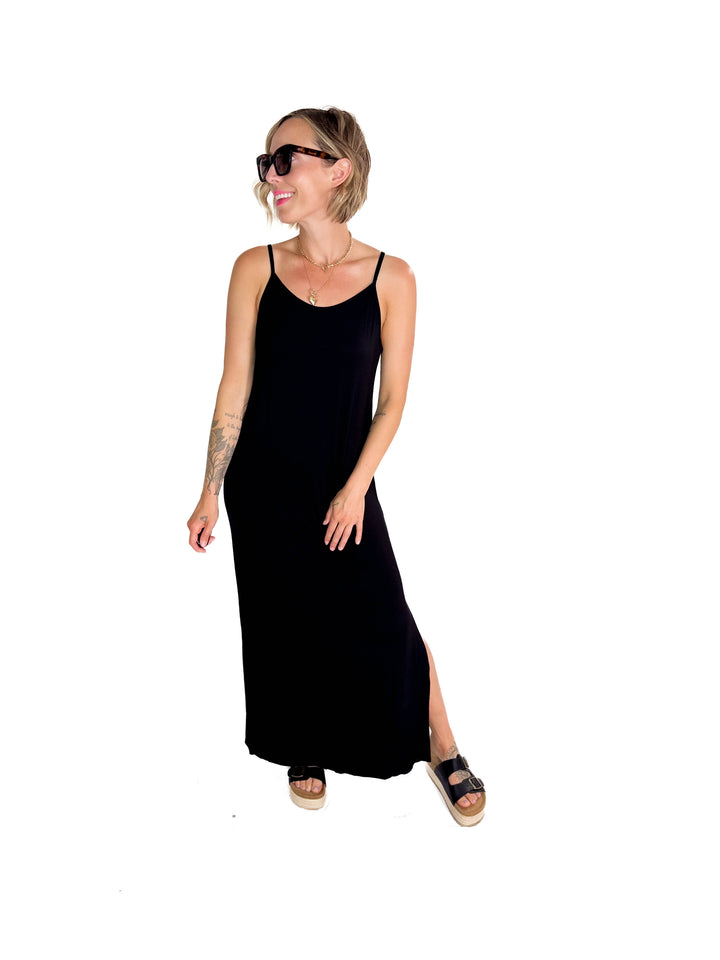 Sandy Bamboo Spaghetti Tank Maxi Dress- BLACK-FINAL SALE