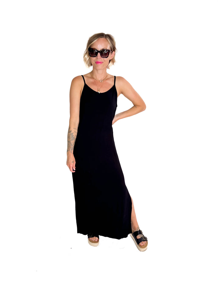 Sandy Bamboo Spaghetti Tank Maxi Dress- BLACK-FINAL SALE