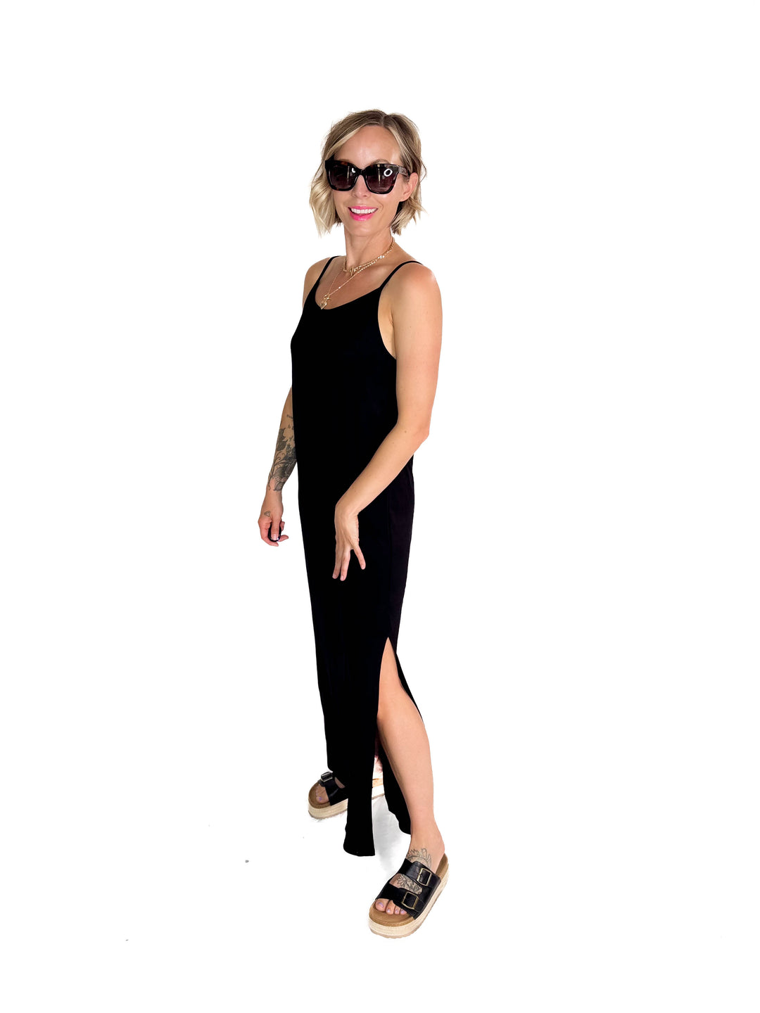 Sandy Bamboo Spaghetti Tank Maxi Dress- BLACK-FINAL SALE