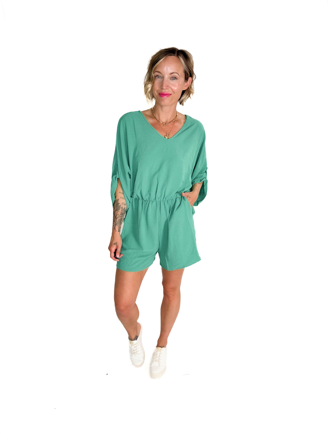 Kalli Airflow V-Neck Tab Sleeve Elastic Waist Romper- PARIS GREEN-FINAL SALE