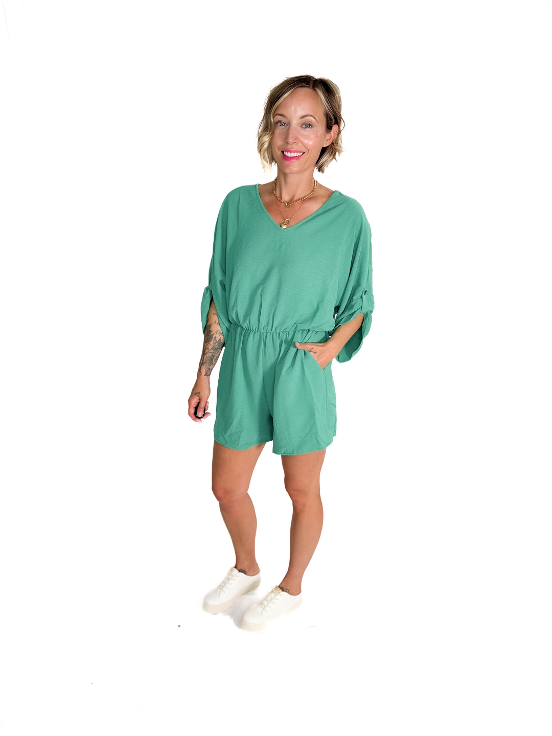 Kalli Airflow V-Neck Tab Sleeve Elastic Waist Romper- PARIS GREEN-FINAL SALE