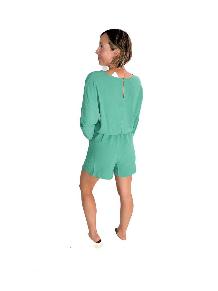 Kalli Airflow V-Neck Tab Sleeve Elastic Waist Romper- PARIS GREEN-FINAL SALE