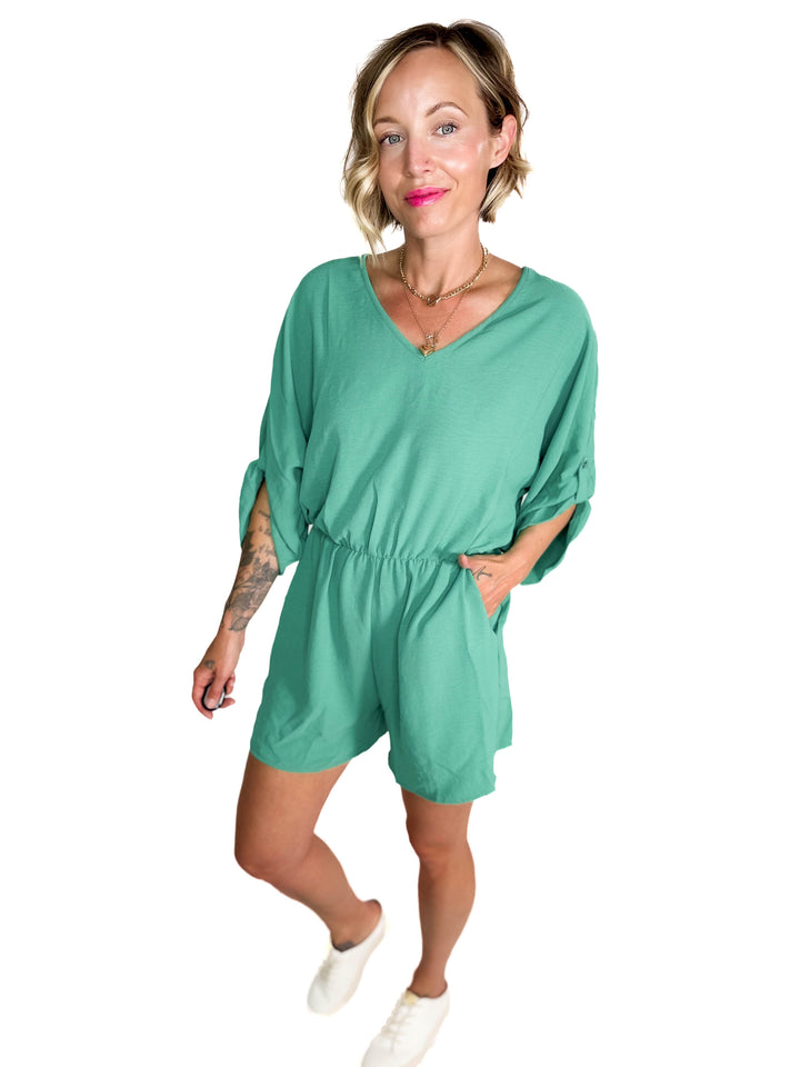 Kalli Airflow V-Neck Tab Sleeve Elastic Waist Romper- PARIS GREEN-FINAL SALE