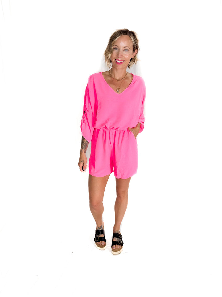 Kalli Airflow V-Neck Tab Sleeve Elastic Waist Romper- NEON PINK-FINAL SALE
