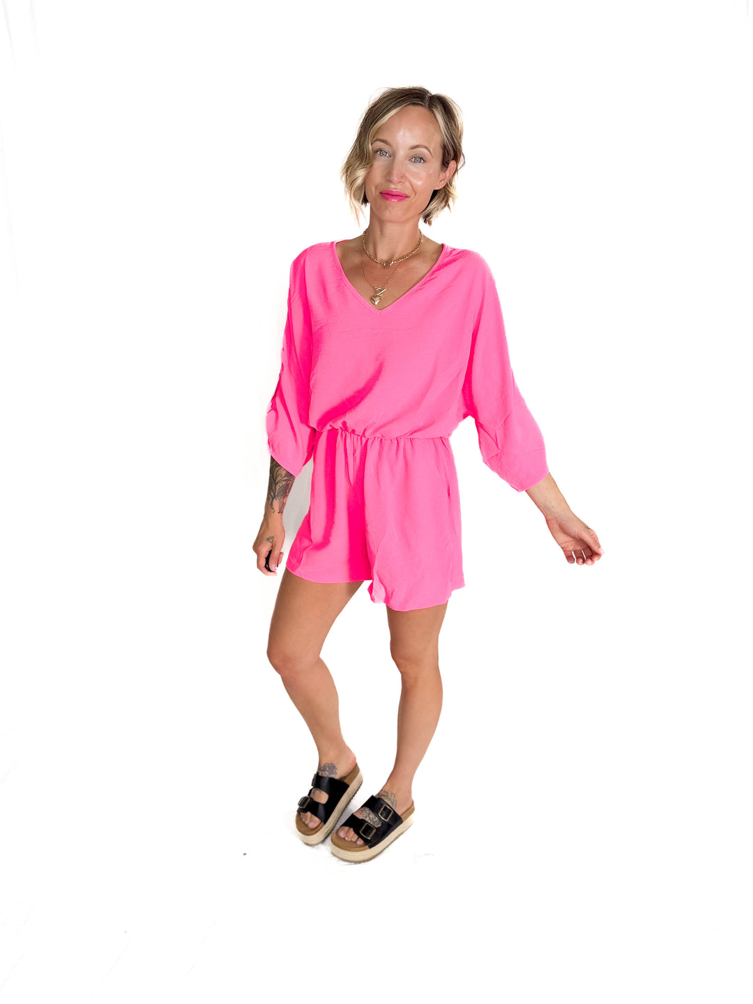 Kalli Airflow V-Neck Tab Sleeve Elastic Waist Romper- NEON PINK-FINAL SALE