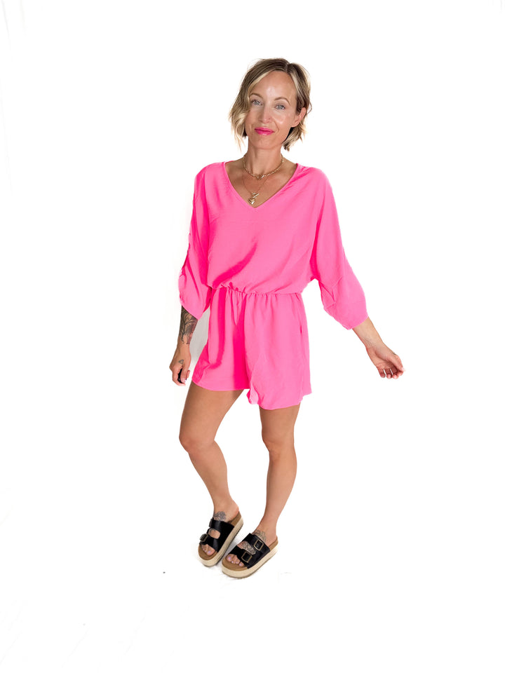 Kalli Airflow V-Neck Tab Sleeve Elastic Waist Romper- NEON PINK-FINAL SALE