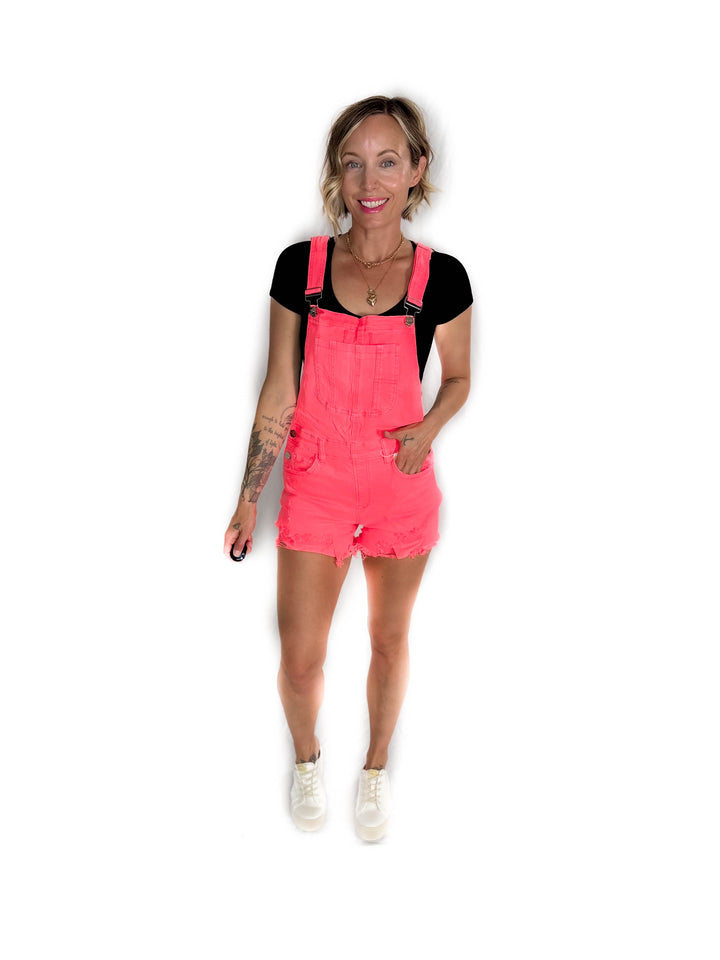 RISEN Jayla Front Distressed Short Overall- CORAL-FINAL SALE