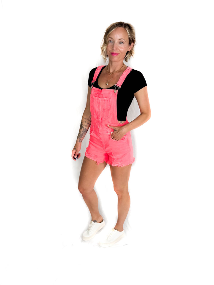 RISEN Jayla Front Distressed Short Overall- CORAL-FINAL SALE