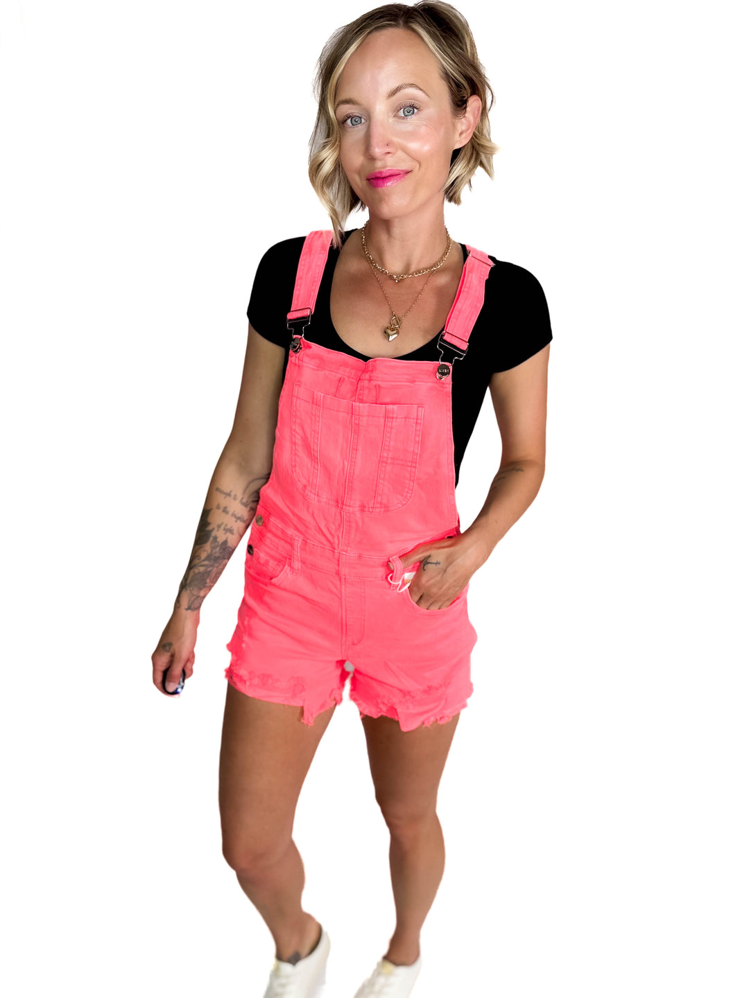 RISEN Jayla Front Distressed Short Overall- CORAL-FINAL SALE