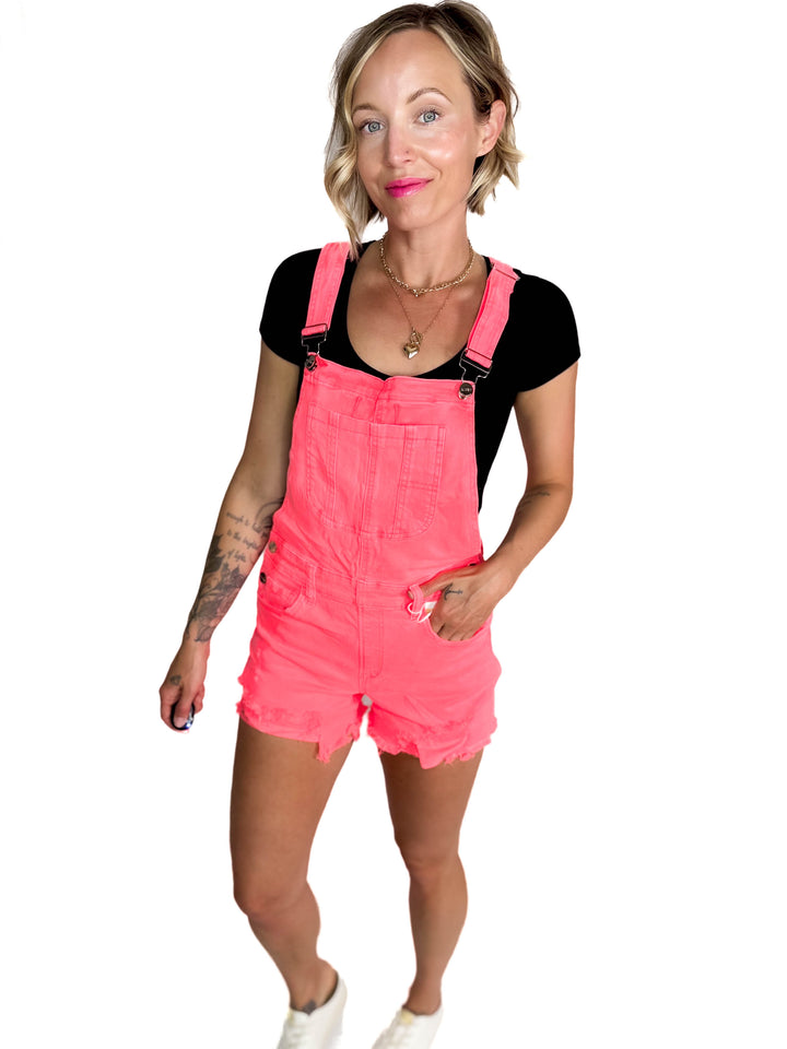 RISEN Jayla Front Distressed Short Overall- CORAL-FINAL SALE