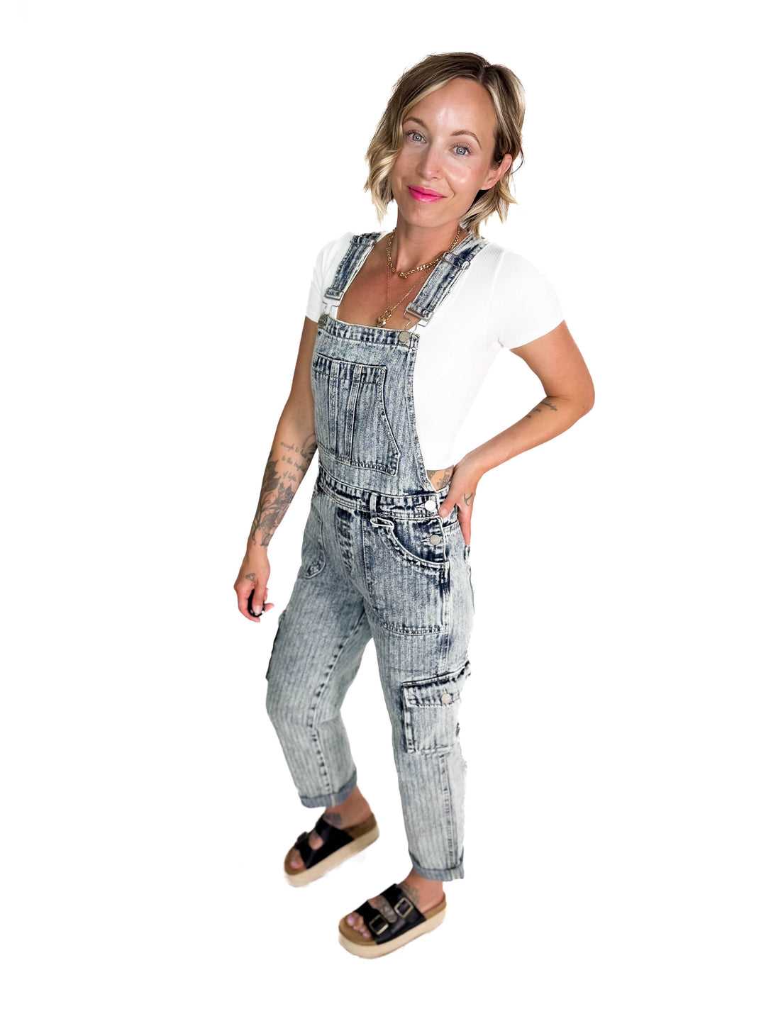 RISEN Emery Ankle Straight Utility Overalls- MEDIUM WASH