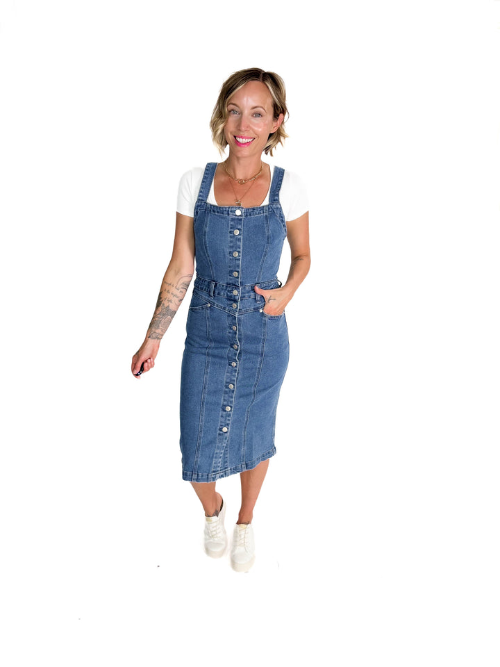 Yolanda Mineral Wash Button Down Denim Midi Dress- DENIM