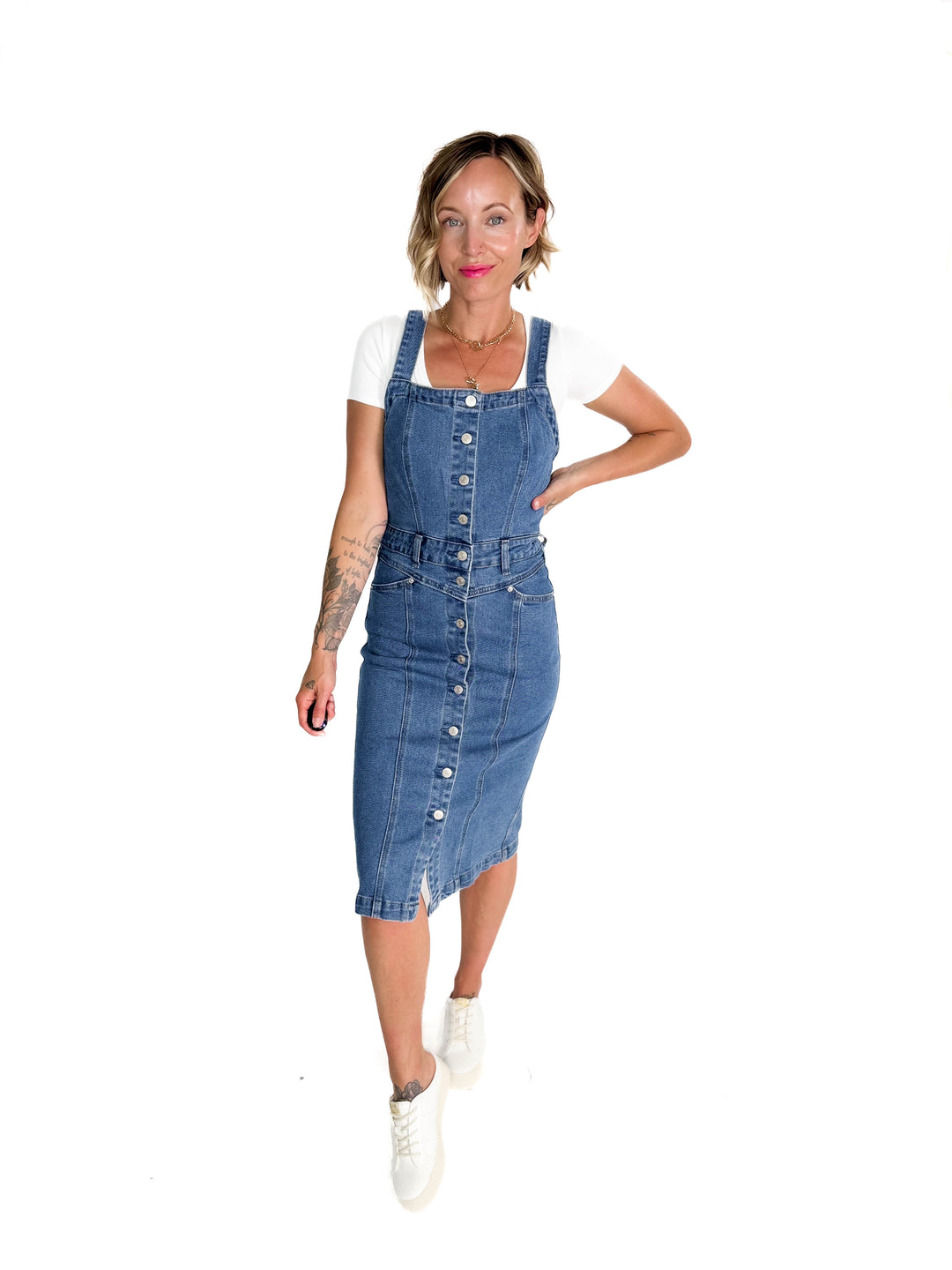 Yolanda Mineral Wash Button Down Denim Midi Dress- DENIM