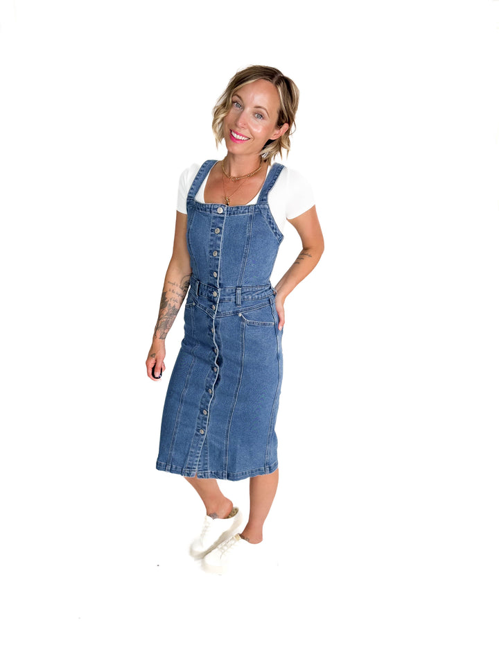 Yolanda Mineral Wash Button Down Denim Midi Dress- DENIM
