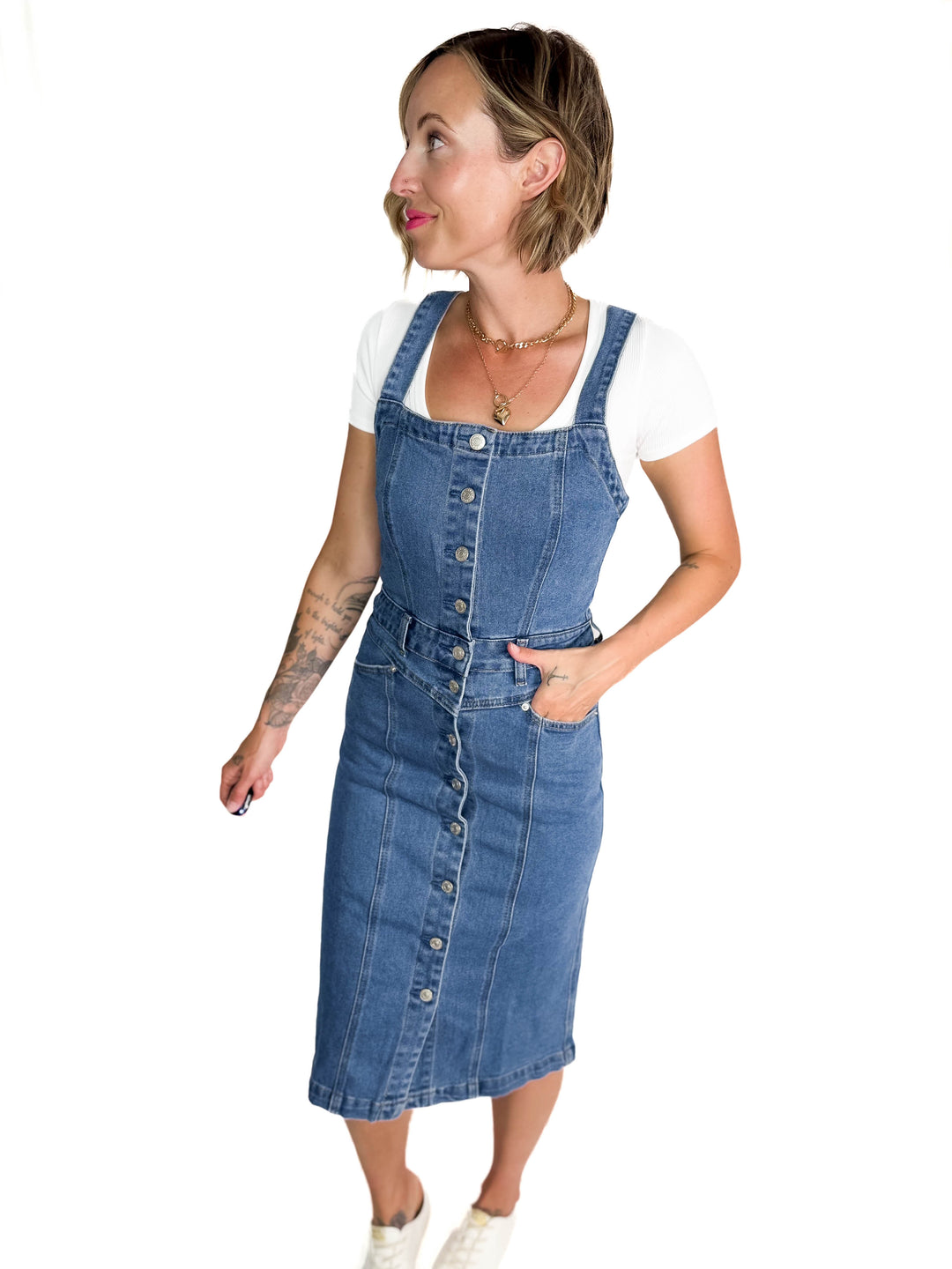 Yolanda Mineral Wash Button Down Denim Midi Dress- DENIM