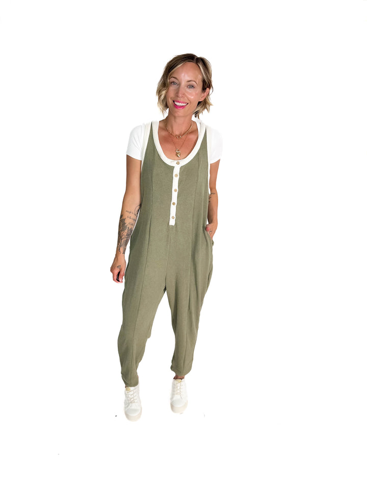 Olsen Sleeveless Button Down Jumpsuit- DRY HERB