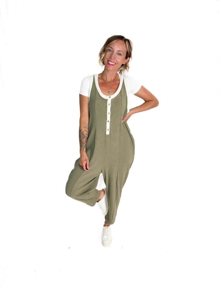 Olsen Sleeveless Button Down Jumpsuit- DRY HERB
