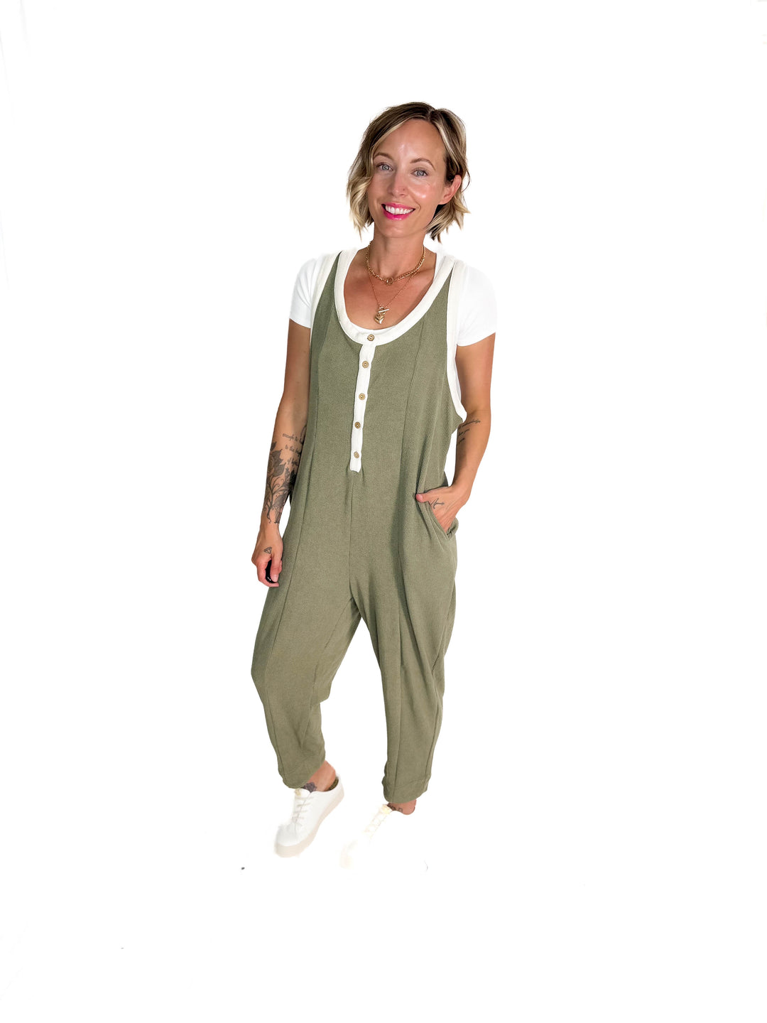 Olsen Sleeveless Button Down Jumpsuit- DRY HERB