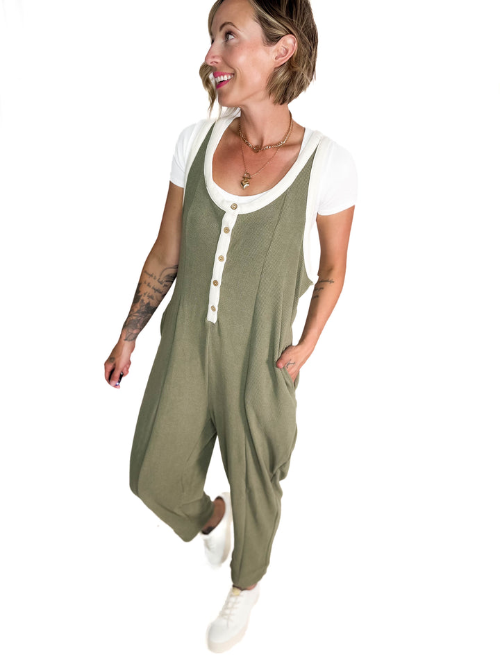 Olsen Sleeveless Button Down Jumpsuit- DRY HERB