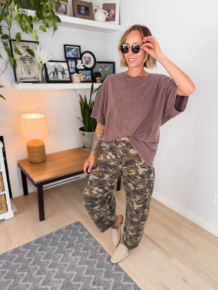 Keri Washed Cotton Boyfriend Tee- DARK BROWN