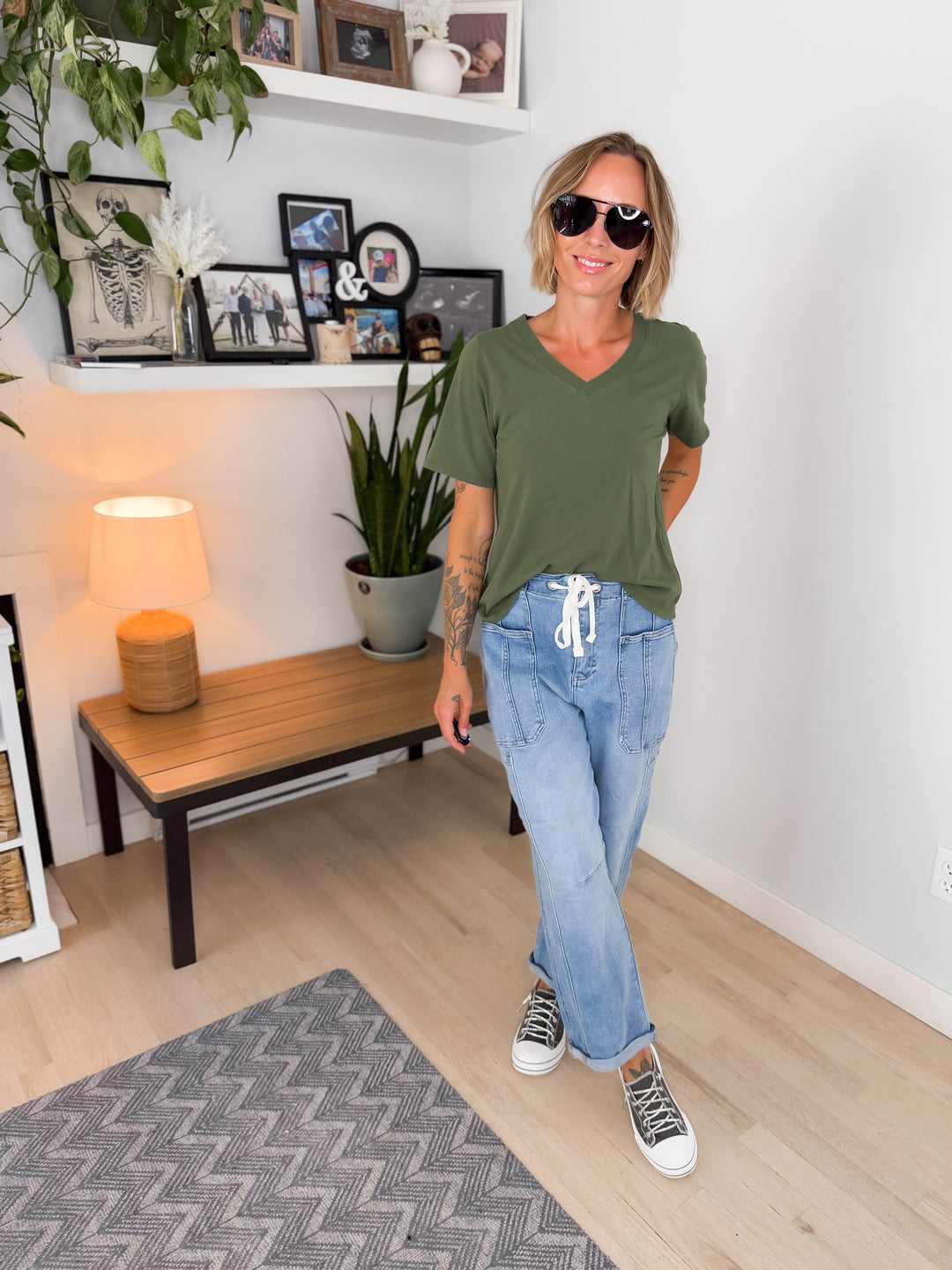 Mono B Raya Pima Cotton V-Neck Tee- STEEPED SAGE