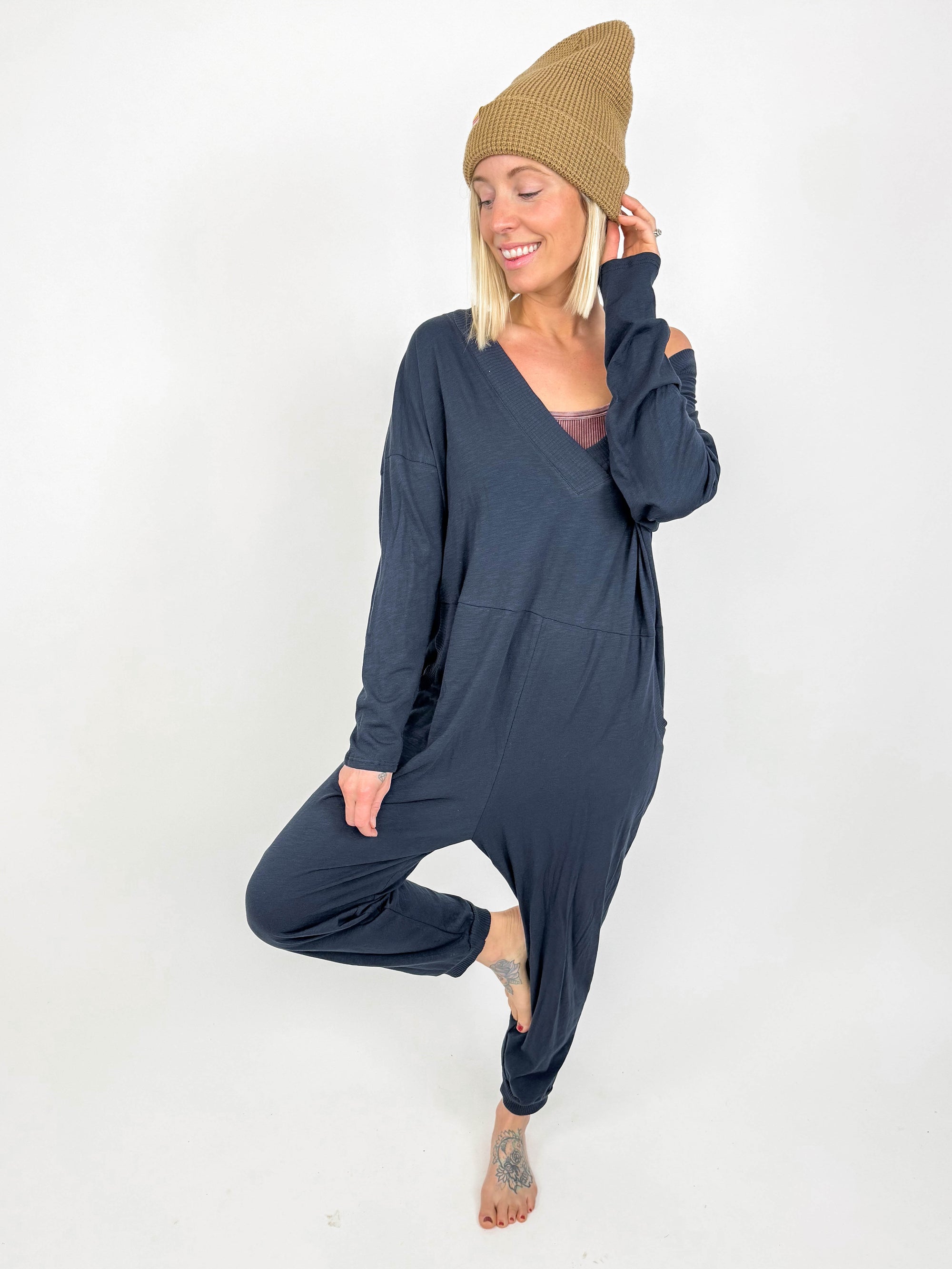 Cindy Relaxed Fit V-Neck Romper- MIDNIGHT NAVY-FINAL SALE