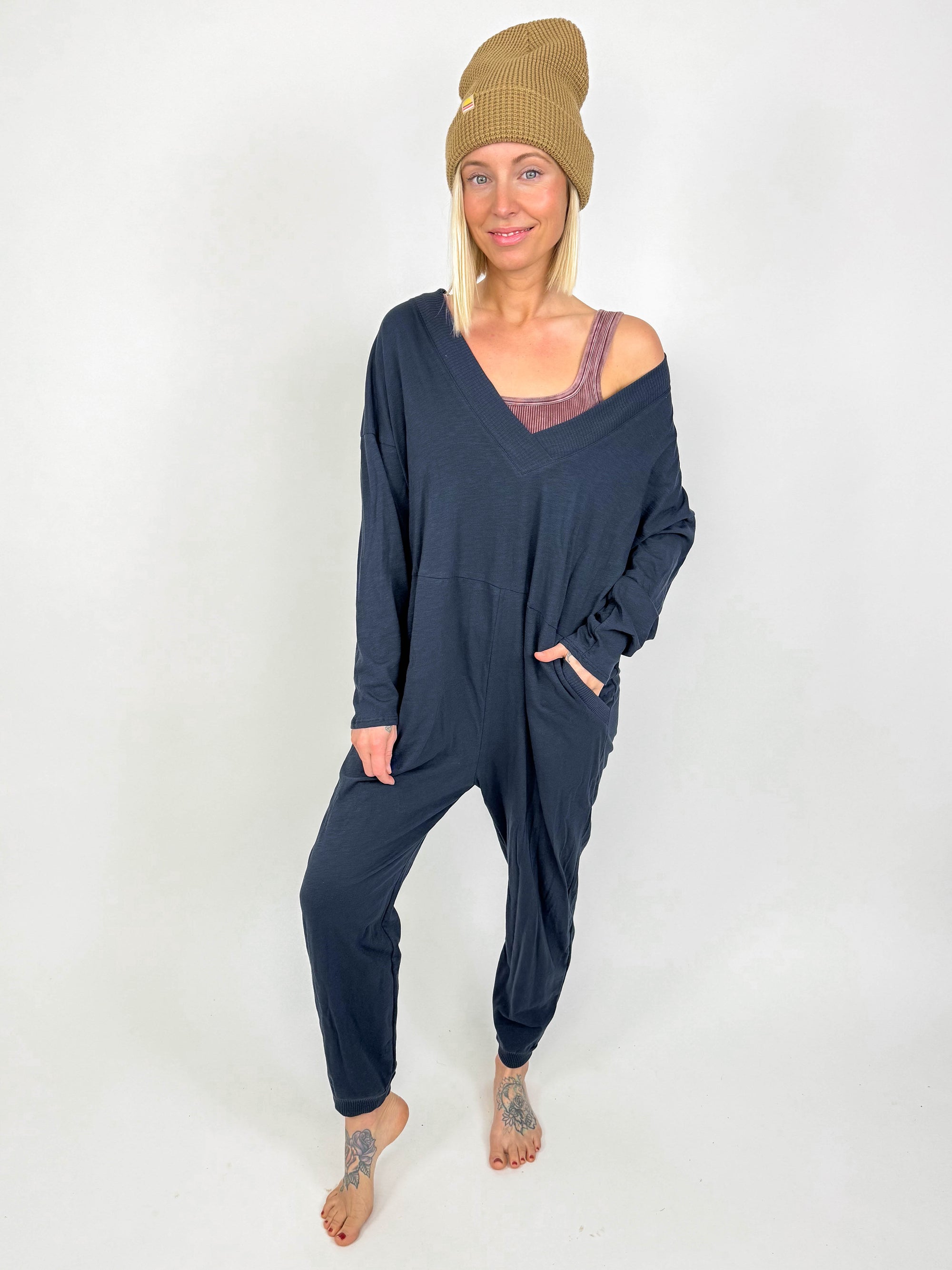 Cindy Relaxed Fit V-Neck Romper- MIDNIGHT NAVY-FINAL SALE