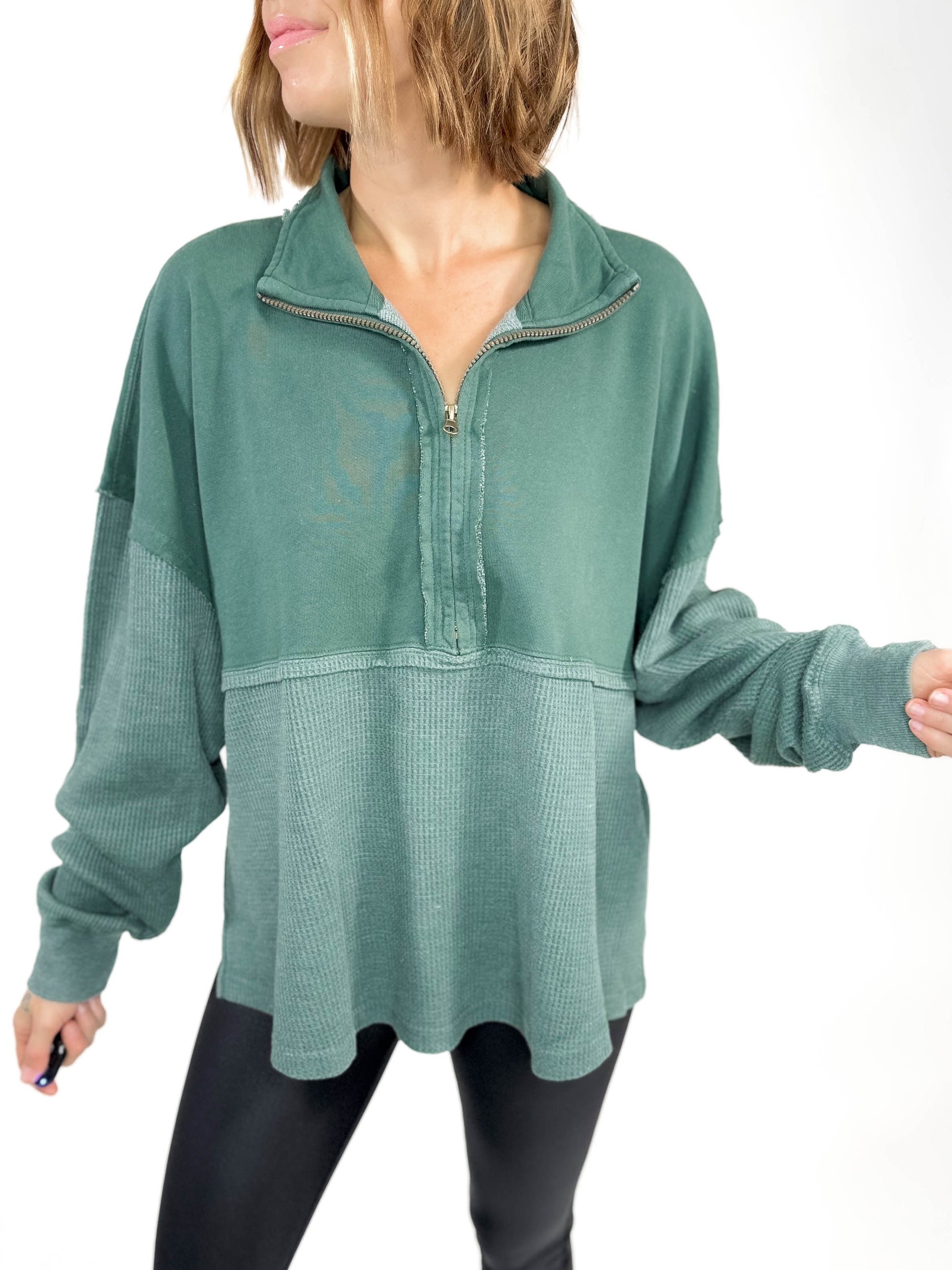 Ready or Not Waffle 1/2 Zip- EMERALD