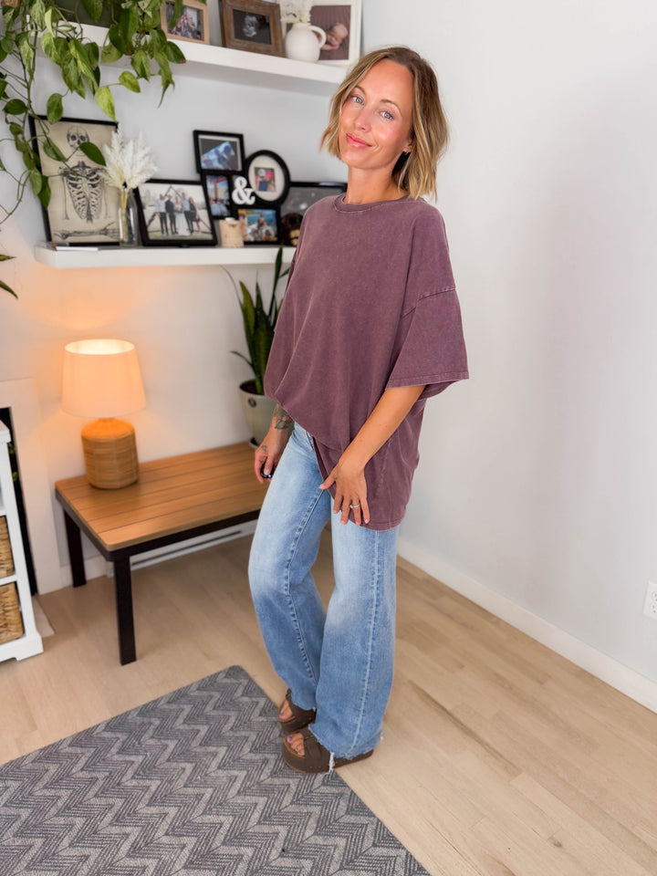 Keri Washed Cotton Boyfriend Tee- DARK CHERRY