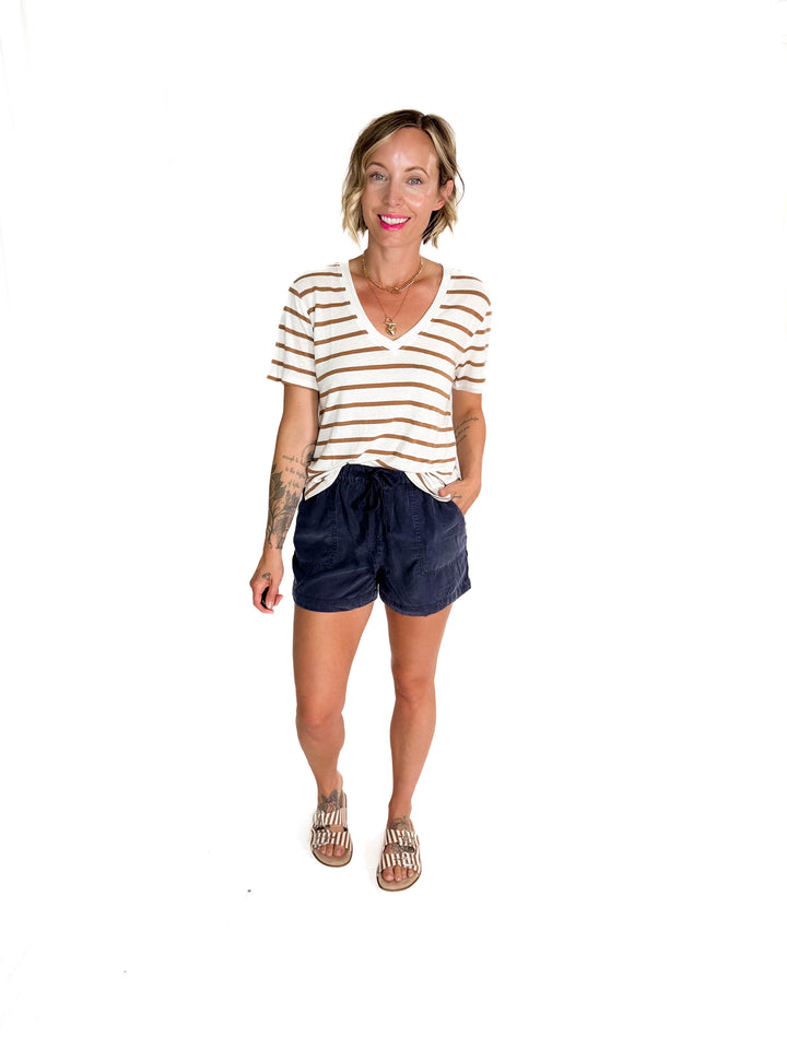 Chrishell Cotton Blend Relaxed Fit Striped T-shirt- TOFFEE-FINAL SALE