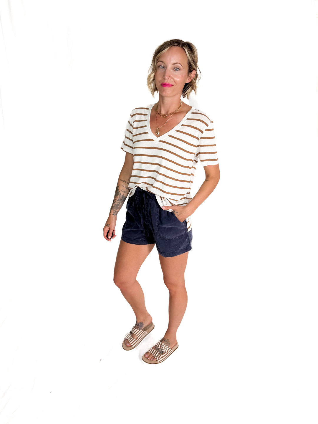 Chrishell Cotton Blend Relaxed Fit Striped T-shirt- TOFFEE-FINAL SALE
