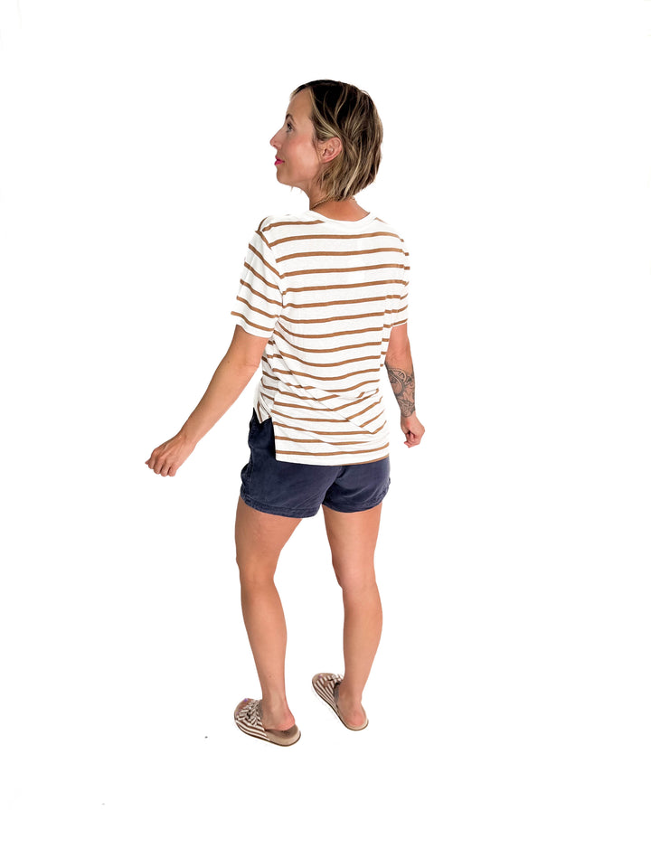 Chrishell Cotton Blend Relaxed Fit Striped T-shirt- TOFFEE-FINAL SALE