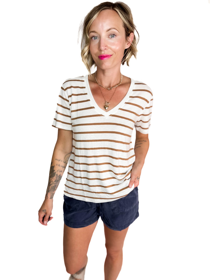 Chrishell Cotton Blend Relaxed Fit Striped T-shirt- TOFFEE-FINAL SALE