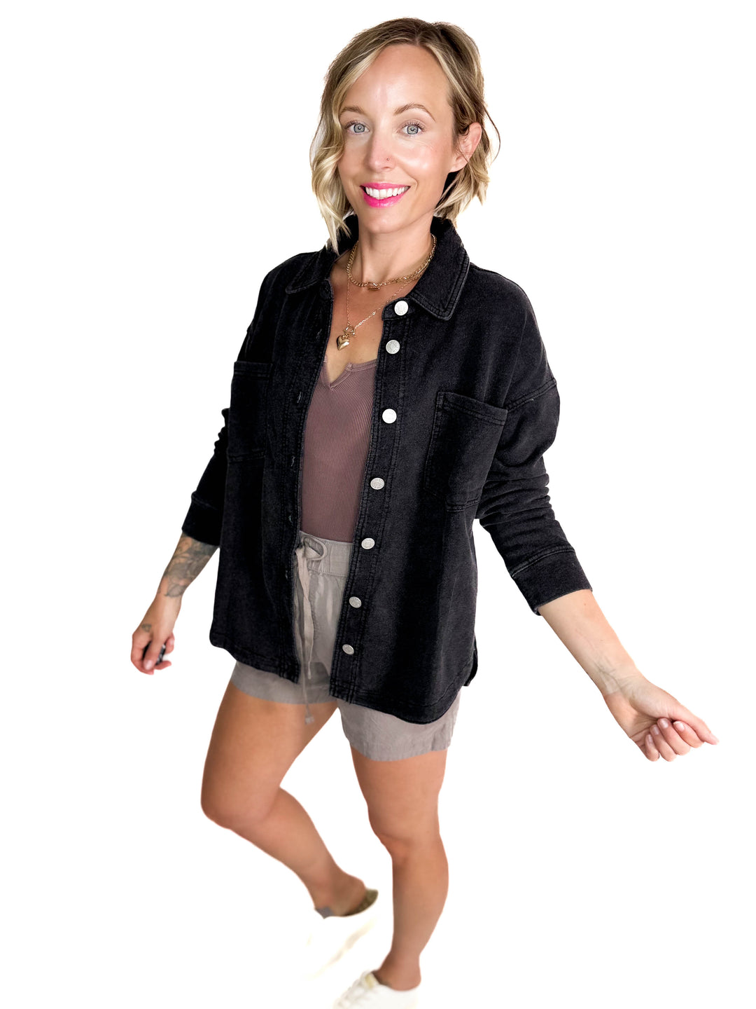 Bethany Washed French Terry Shacket- CHARCOAL WASH