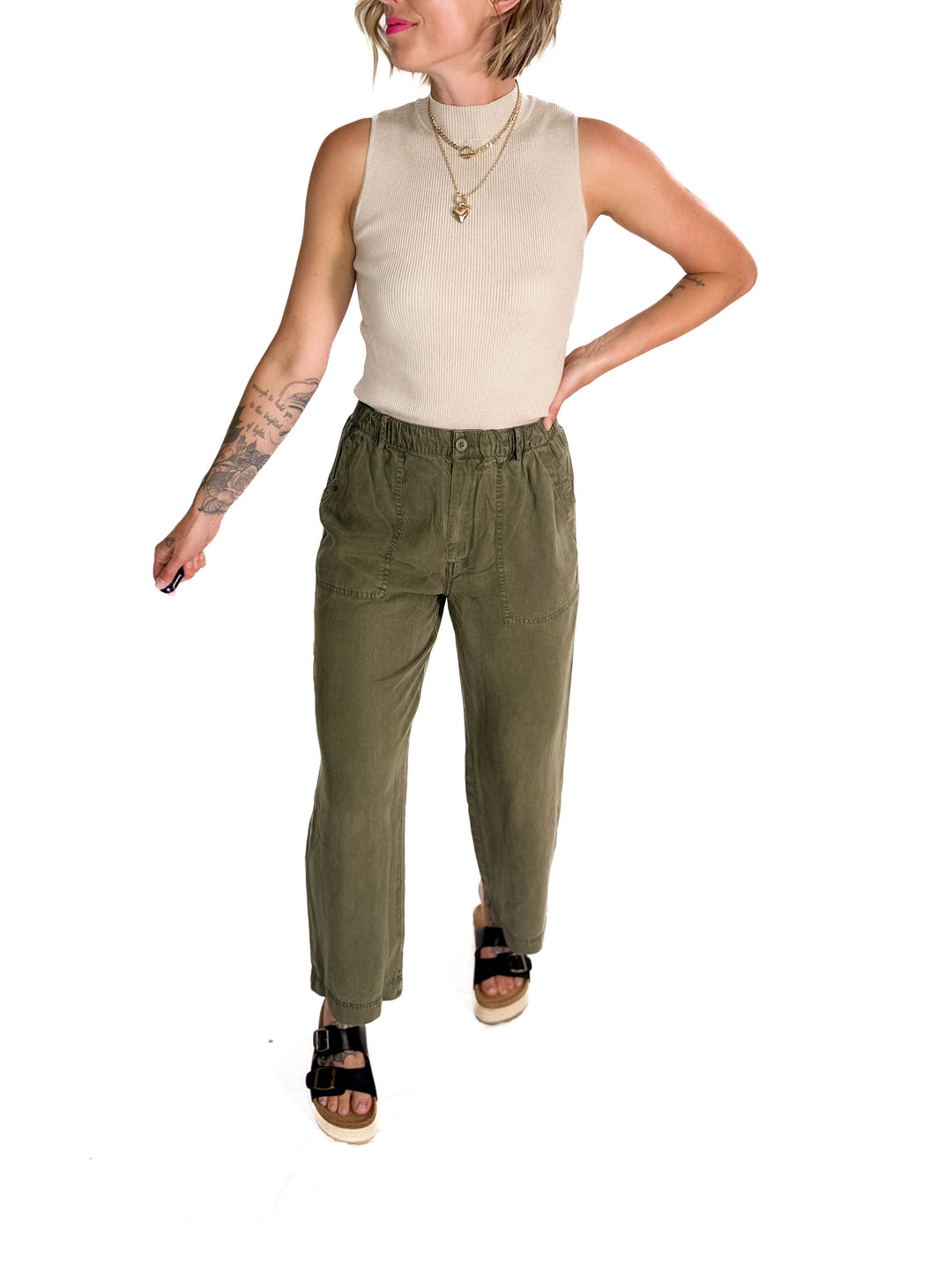 Mackenzie Wide Leg Tencel Pants- DARK OLIVE