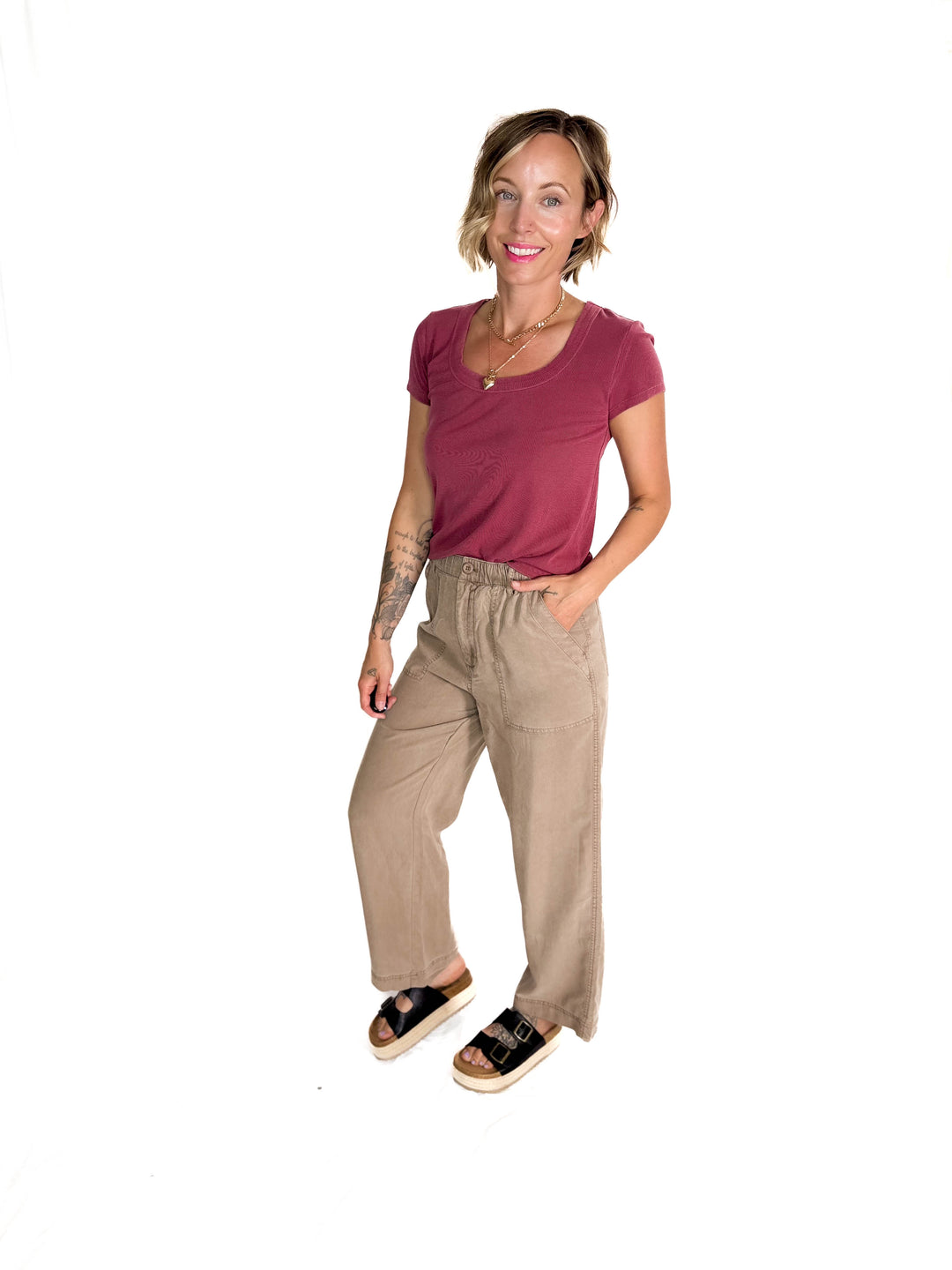 Lauren Basic Scoop Neck Baby Tee- FADED WINE