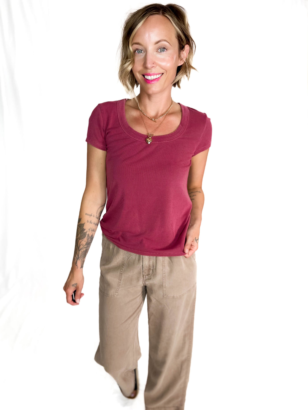 Lauren Basic Scoop Neck Baby Tee- FADED WINE