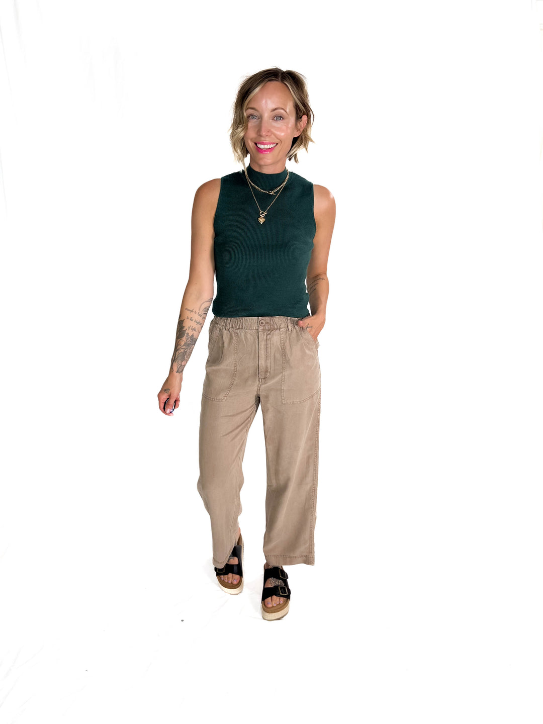 Melena Mock Neck Ribbed Knit Tank- TEAL GREEN