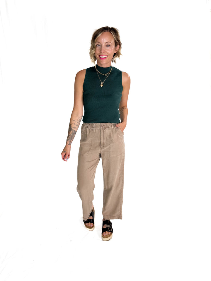 Melena Mock Neck Ribbed Knit Tank- TEAL GREEN