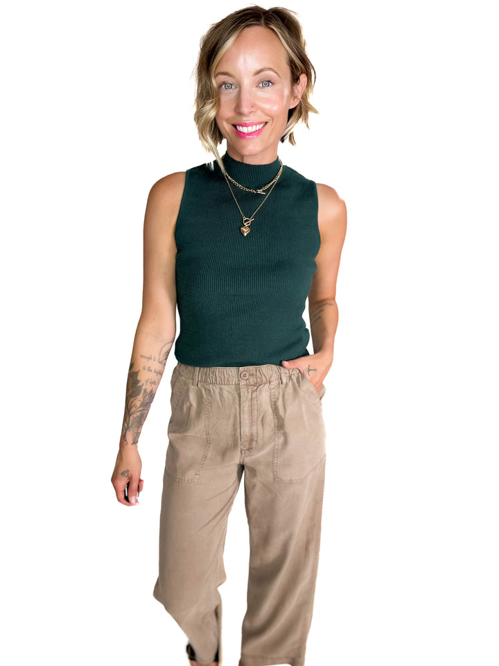 Melena Mock Neck Ribbed Knit Tank- TEAL GREEN