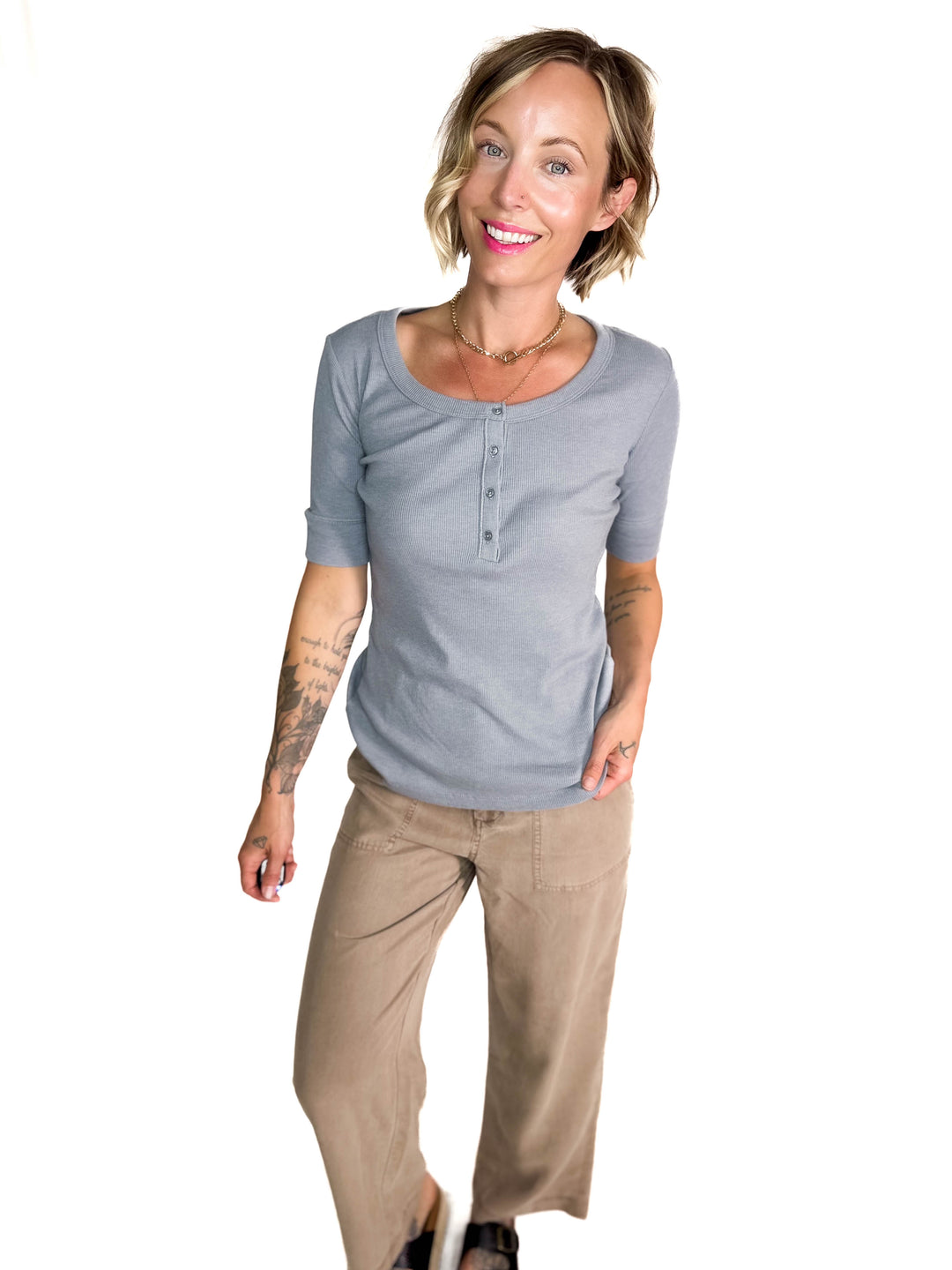 Melissa Ribbed 1/2 Sleeve Henley Top- VINTAGE BLUE