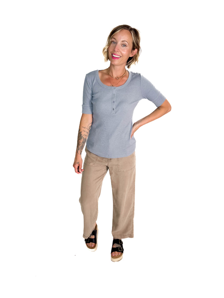Melissa Ribbed 1/2 Sleeve Henley Top- VINTAGE BLUE