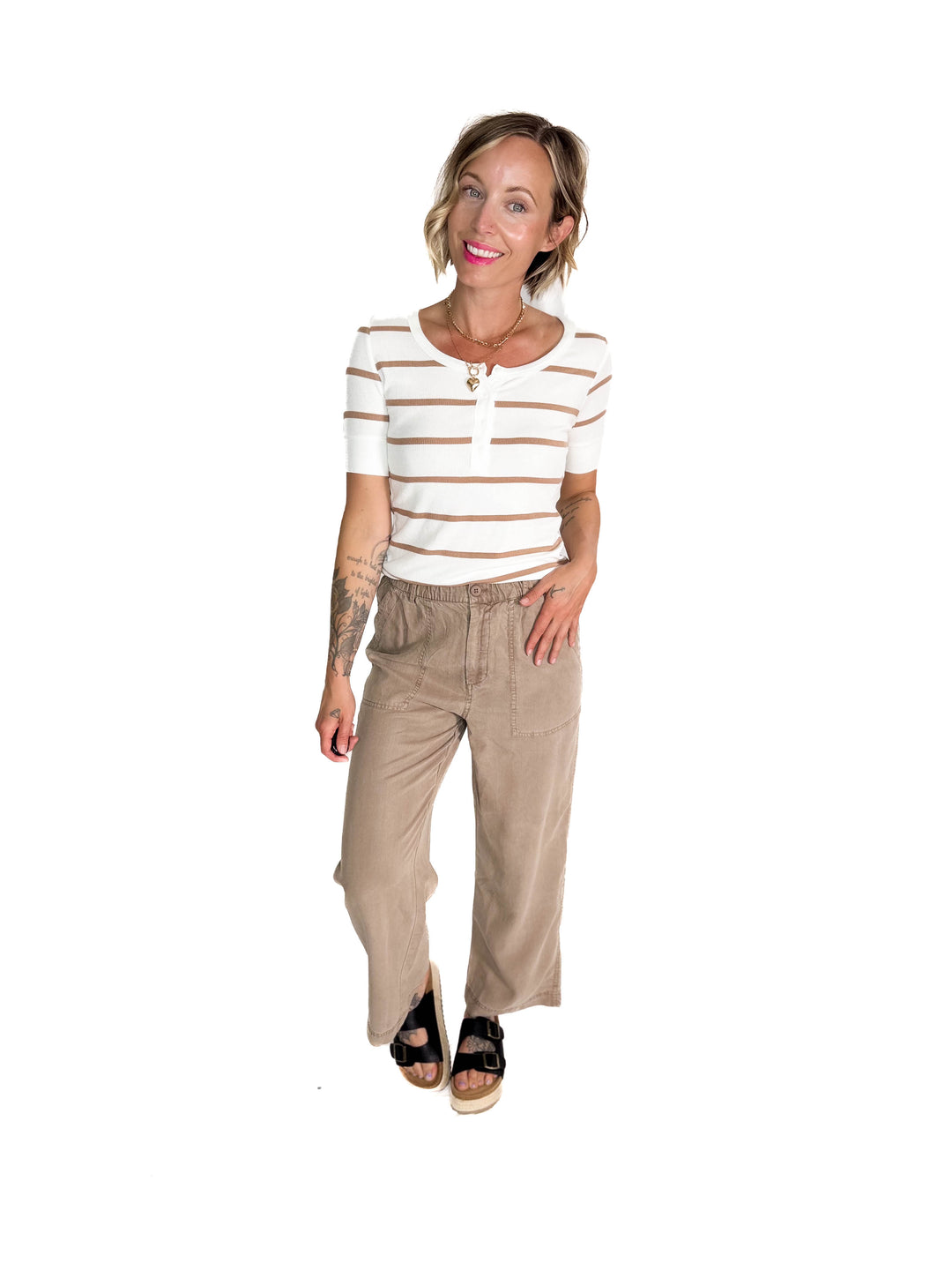Chleo Classic Ribbed Striped Henley 1/2 Sleeve- CARAMEL
