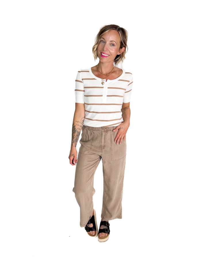 Chleo Classic Ribbed Striped Henley 1/2 Sleeve- CARAMEL