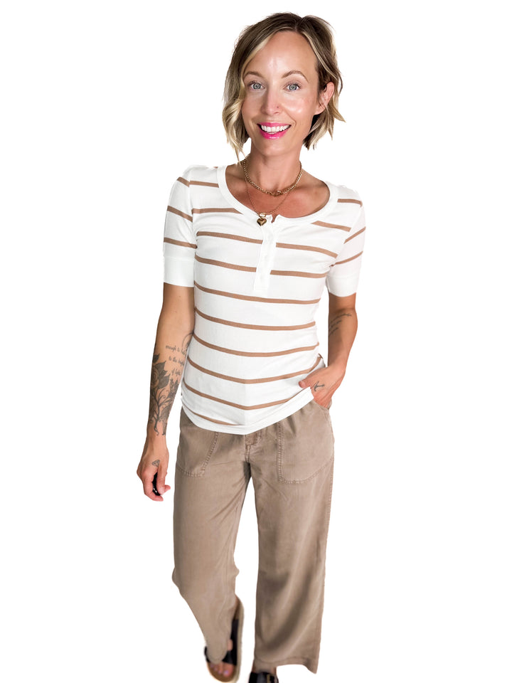 Chleo Classic Ribbed Striped Henley 1/2 Sleeve- CARAMEL