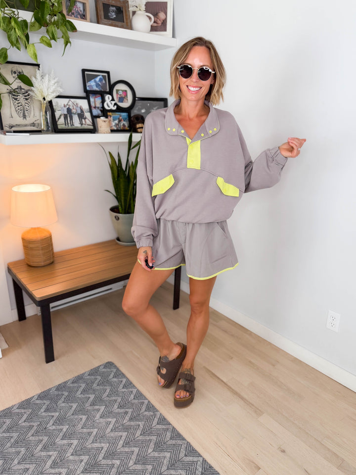 Kalani Pullover and Shorts Set- STOE TAUPE/LIME