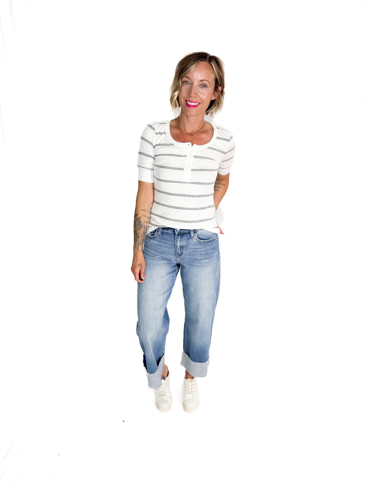 Chleo Classic Ribbed Striped Henley 1/2 Sleeve- HEATHER GREY